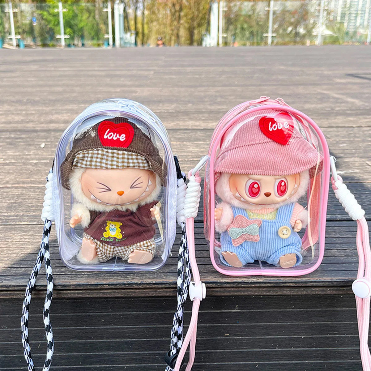 Pour sac bandoulière Labubu V2 de 15 cm en coton, sac de rangement en PVC, sac d'affichage pour poupées à pompon