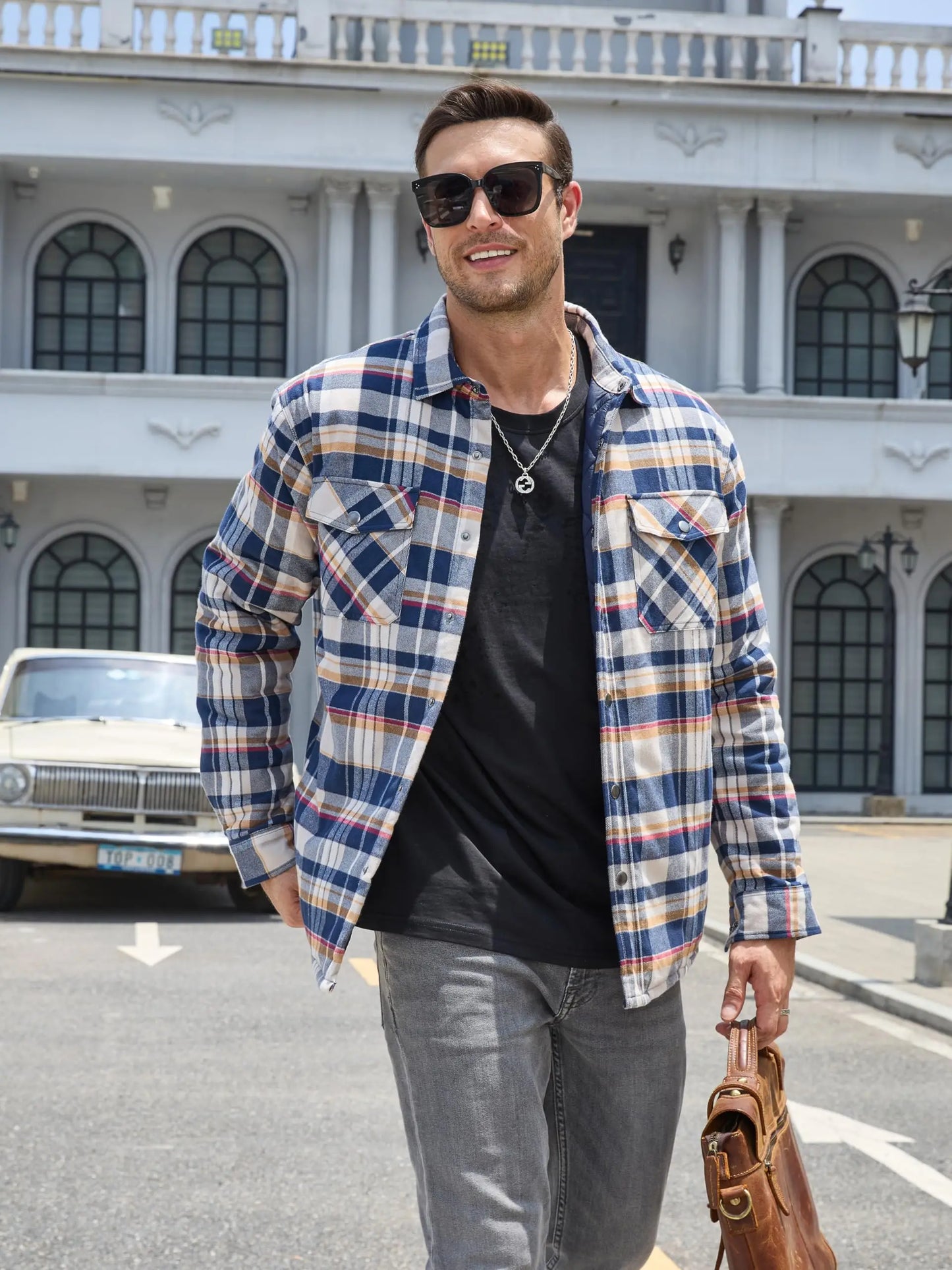 TACVASEN Winter Plaid Cotton Jackets Mens Long Sleeve Quilted Lined Flannel Shirt Jacket Multi-Pockets Outwear Hiking Coats Tops