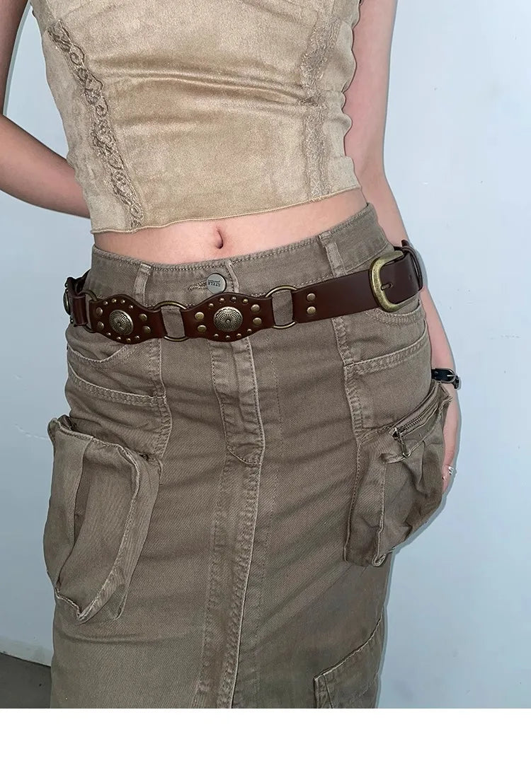 Ceinture de Cowboy occidentale pour femmes, nouvelle ceinture à rivets marron Vintage américain, ceinture en Denim polyvalente avec Style Ins, 2025