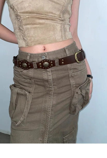 Ceinture de Cowboy occidentale pour femmes, nouvelle ceinture à rivets marron Vintage américain, ceinture en Denim polyvalente avec Style Ins, 2025
