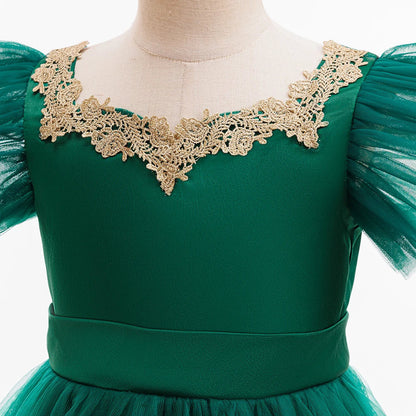 Robe de Princesse Fille Soirée Noël Enfant Broderie Elfe Élégante Manche Volantée Robe de Fête d'Anniversaire