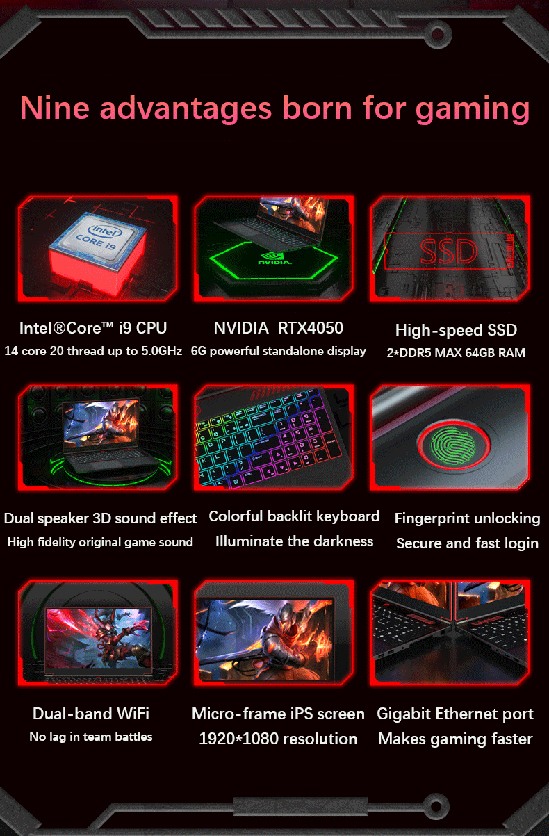YSJMNPC Gaming Laptop Computer Intel Core i9-13900H NVIDIA RTX 4050 6G 16 Inch IPS 2*DDR5 MAX 64GB 2*M.2 PCIE SSD WIFI