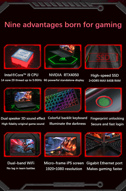 YSJMNPC Gaming Laptop Computer Intel Core i9-13900H NVIDIA RTX 4050 6G 16 Inch IPS 2*DDR5 MAX 64GB 2*M.2 PCIE SSD WIFI