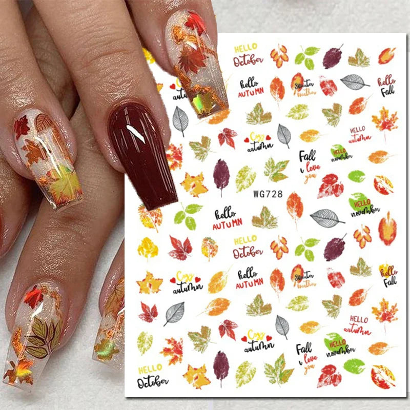 3d Nail Art Stickers Winter Autumn Golden Leaves Red Roses Flowers Decals For Nails Decoration Manicure Salon Beauty