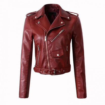 Women Faux Leather Jacket Turn-down Collar Zip-up Zipper Rivet Decor Motorcycle Coat Long Sleeves Female Outerwear Lady Clothing