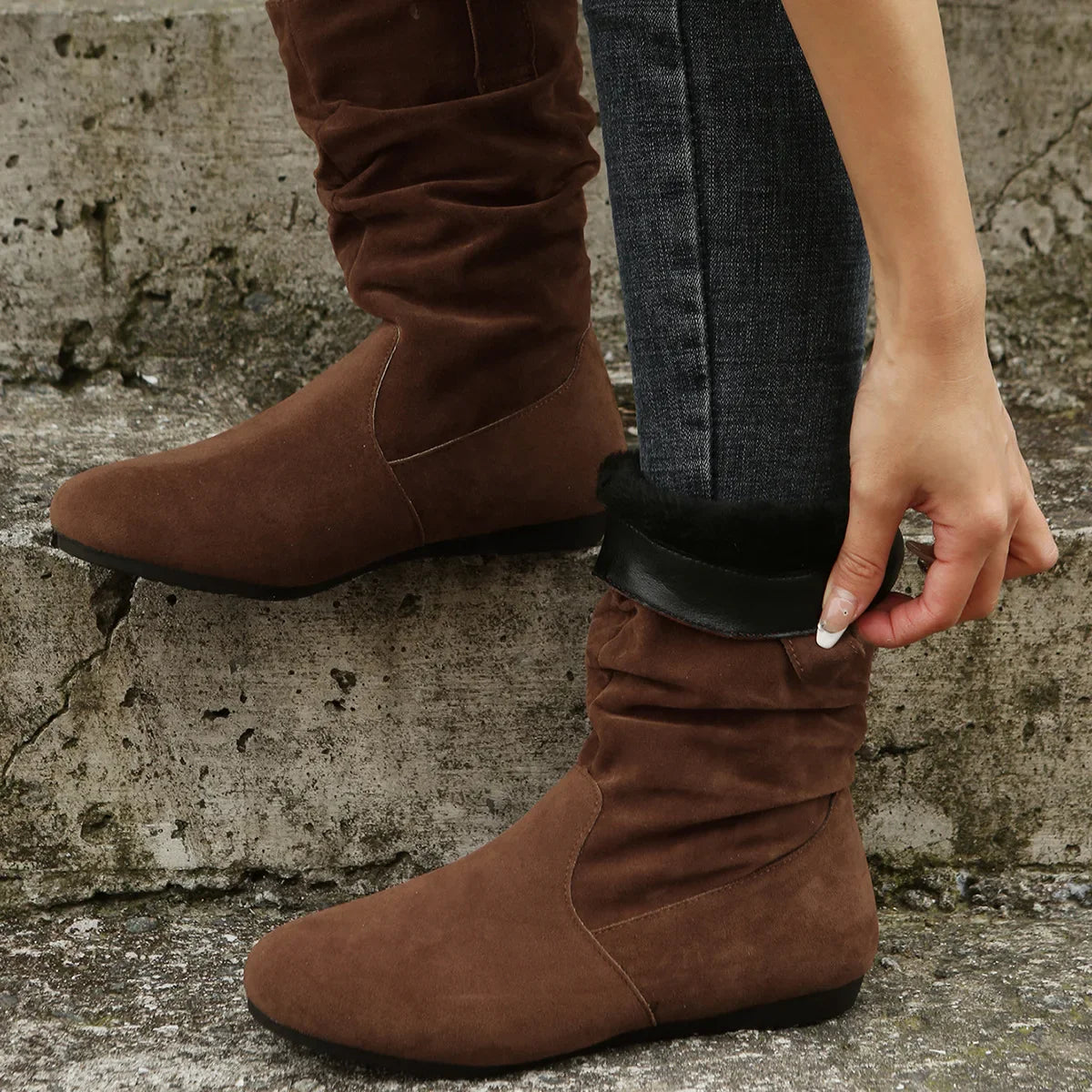 Women Flat Mid-calf Suede Ankle Boots Platform West Cowboy Shoes Round Toe Boot 2025 Autumn Designer Ladies Suede Botas De Mujer