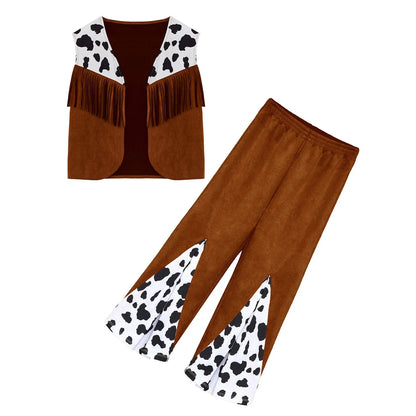 Enfants enfant Halloween Western Cowboy Cowgirl Cosplay Costume imprimé vache gilet à pampilles et ensemble de pantalon évasé Carnaval fête habiller