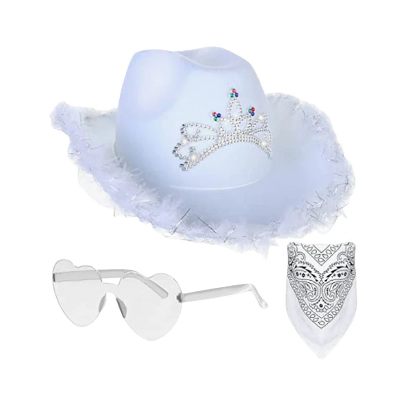Ensemble de chapeaux de Cowboy roses, 3 pièces, chapeaux de fête d'enterrement de vie de jeune fille, chapeaux de Cowgirl occidentale en plumes, casquettes de Costume de fête + lunettes + mouchoir