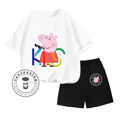 Peppa Pig-themed Animated Cartoon Print Design O-neck Sweet Short Sleeves and Simple Shorts for Boys and Girls Summer Suit