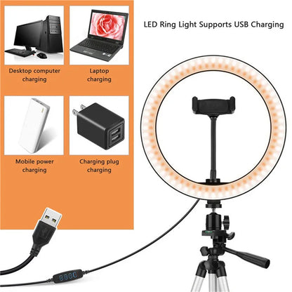 LED Selfie anneau lumineux photographie vidéo lumière RingLight support de téléphone trépied lumière de remplissage lampe à intensité variable Trepied Streaming 10 "26 cm