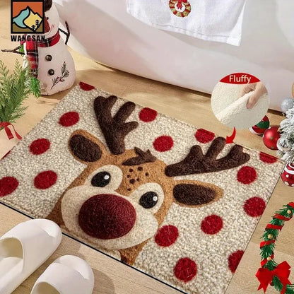 Tapis de porte de Noël rouge Père Noël extérieur et intérieur Tapis de cerf en pain d'épice Nouvel An 2026 Joyeux Noël Décor à la maison Tapis de pied
