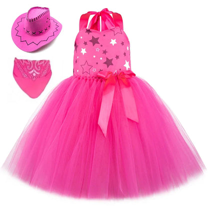 Movie Cowgirl Barbi Costume for Girls Princess Dress Hot Pink Plaid Margot Robbie Tutu Dress Kids Birthday Party Tulle Dresses