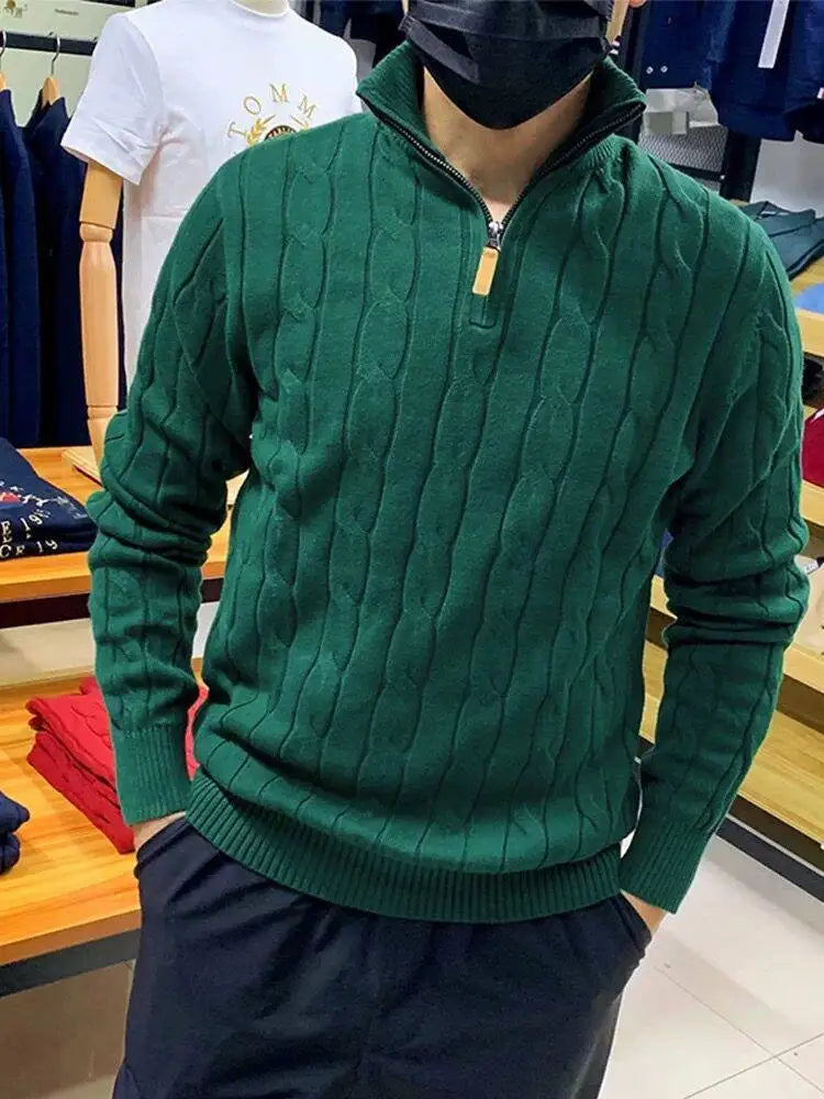 Men's Luxury Leisure Knit Mock Turtleneck Zipper Pullover Sweater Streetwear Retro Solid Long Sleeve Popular Jacquarded Knitwear