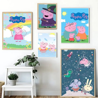 Cartoon Cute W-Peppa PigS Poster Sticky Posters Waterproof Paper Sticker Coffee House Bar Home Decor