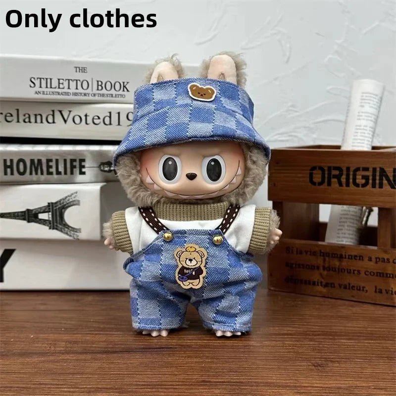 LABUBU 17cm Doll'S Clothes Outfit Accessories For Labubu V1 V2 Striped overalls hats glasses shoes Cool handsome Clothing Gift