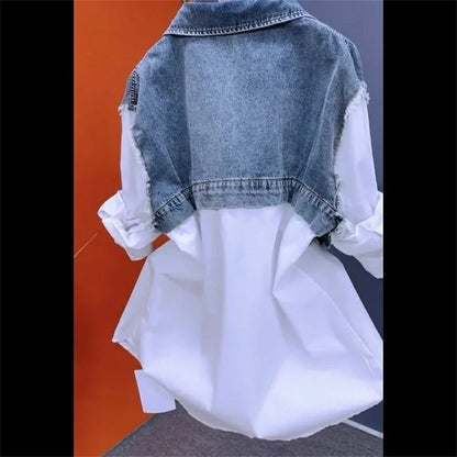 Blouson en jean pour femme Faux deux chemises en jean 2025 Nouvelle collection printemps été automne Décontracté Mode Joker Couture Rayé Hauts Manteau Femme