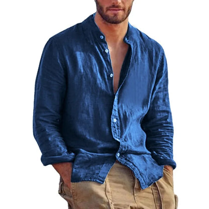 Sweat-shirt à manches longues pour hommes, chemise en lin de couleur unie, tendance, col montant, décontracté, léger, respirant, chemise hawaïenne