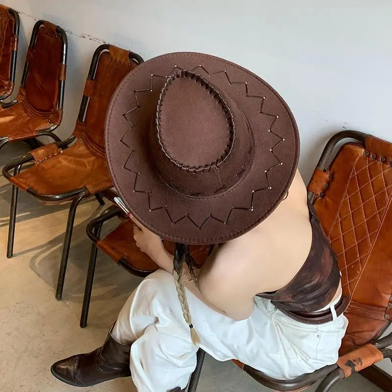 Unisex Western Suede Cowboy Hat, Fashion Cowgirl Cap for Women and Men, Fancy Dress, Party Headwear Accessory