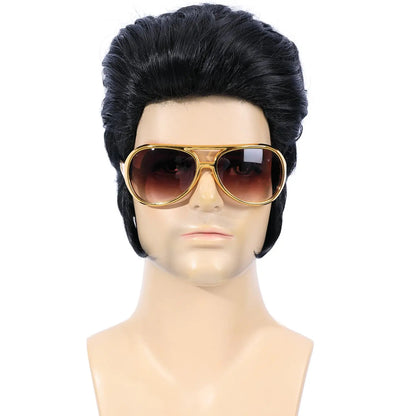 Perruque Synthétique Légendaire Rock Années 50 60 pour Hommes Perruque Elvis Perruque de Chanteur Rocker des Années 1950 avec Accessoires pour Cosplay Fête d'Halloween