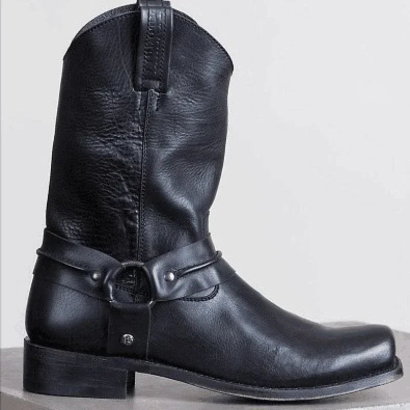 Retro Cowboy Boots Women Men Mid Calf Outdoor Boots Vintage PU Slip on Shoes Winter Gladiator Booties Unisex Brown Long Boots