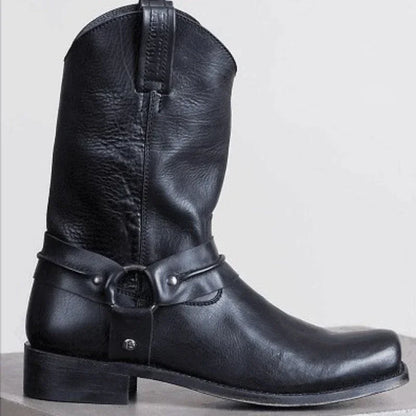 Retro Cowboy Boots Women Men Mid Calf Outdoor Boots Vintage PU Slip on Shoes Winter Gladiator Booties Unisex Brown Long Boots