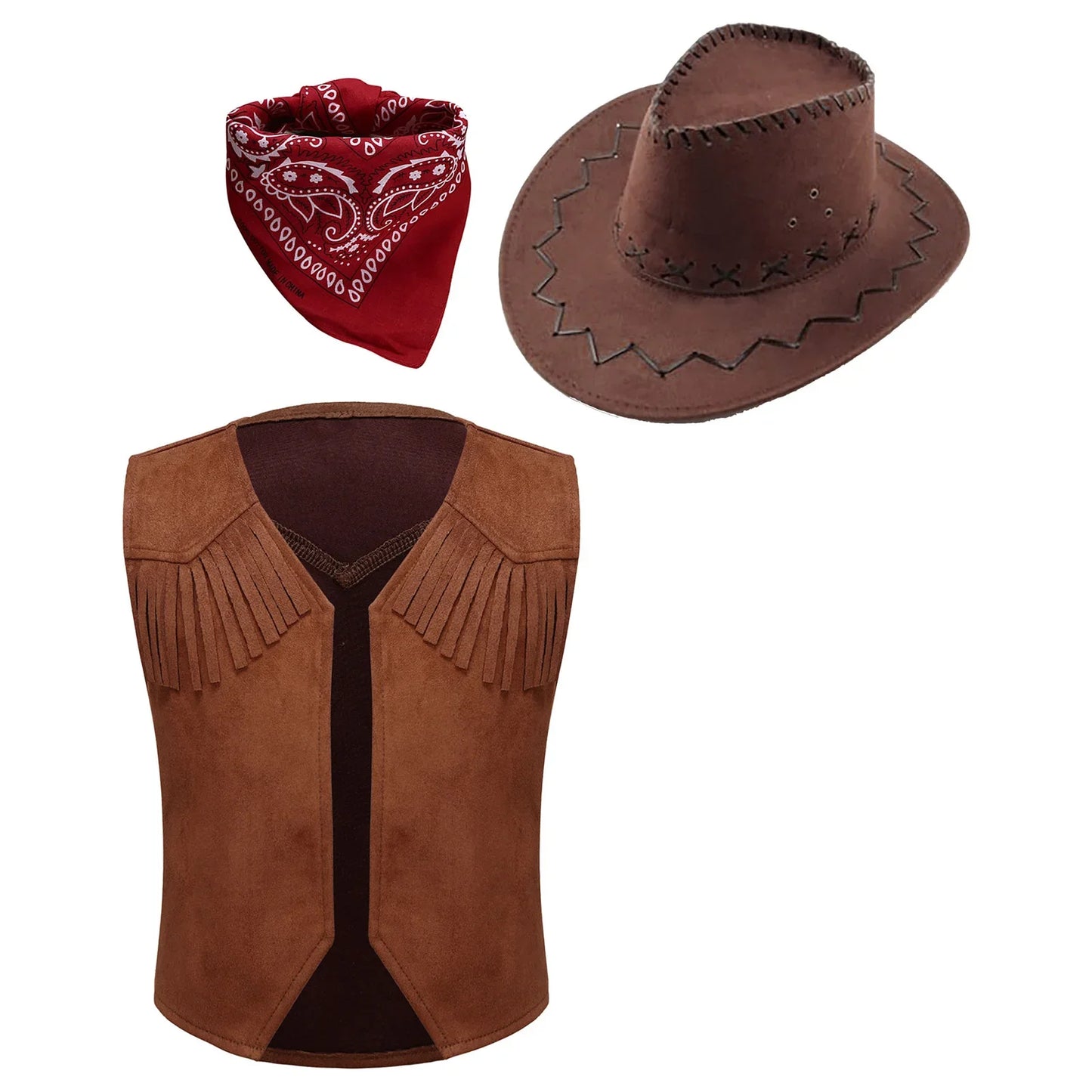 Gilet de Cowboy Western Wild West pour Garçons, Costume de Cosplay Hippie, Décor Frangé sur l'Ourlet, Gilet Ouvert sur le Devant avec Bandana et Chapeau en Feutre à Cordon de Serrage