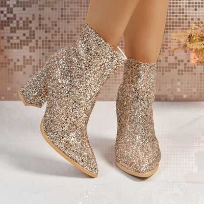 Bottes Femme 2025 Nouvelle Mode Paillettes Bout Rond Bottines Femme Automne Hiver Soirée Talons Épais Chaussures Femme Bottes De Mujer