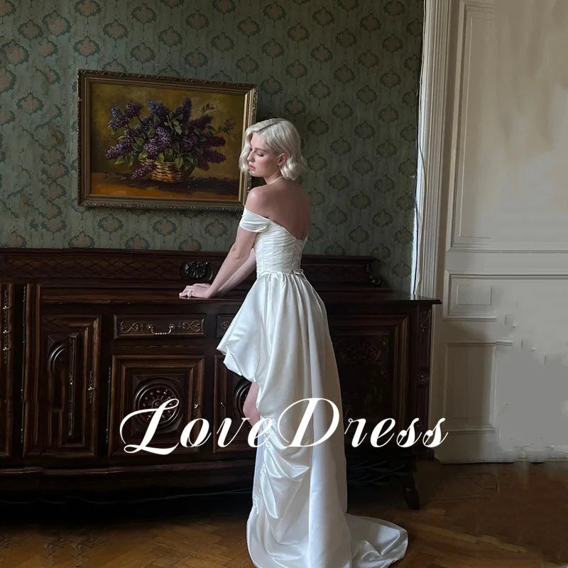 Vintage High/Low Satin Wedding Dresses Simple Off the Shoulder Sleeveless Beach Strapless Bridal Gown Sexy Backless Customized