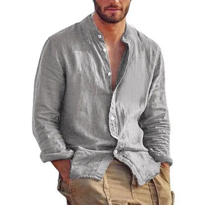 Sweat-shirt à manches longues pour hommes, chemise en lin de couleur unie, tendance, col montant, décontracté, léger, respirant, chemise hawaïenne