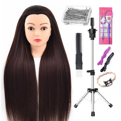 Tête de mannequin à cheveux longs synthétiques avec support de trépied de perruque réglable Modèle avec tête de mannequin Formation de coiffeur coiffant