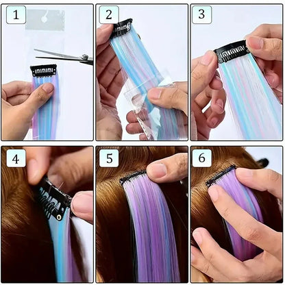 Extensions de cheveux Licorne 6 pièces de 55 cm, cheveux bouclés synthétiques à clipser pour femmes, idéales pour les déguisements d'Halloween et de Noël