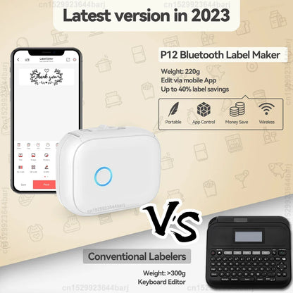Mini Label Printer P12 Inkless Thermal Label Maker Auto Cut Label Machine Self-adhesive Sticker Printer or 2PK Label Paper Tape