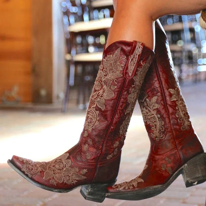 Western Style Women's Pointed Large Embroidered Rose High Heels Vintage Old Women's Boots High Barrel Western Boots