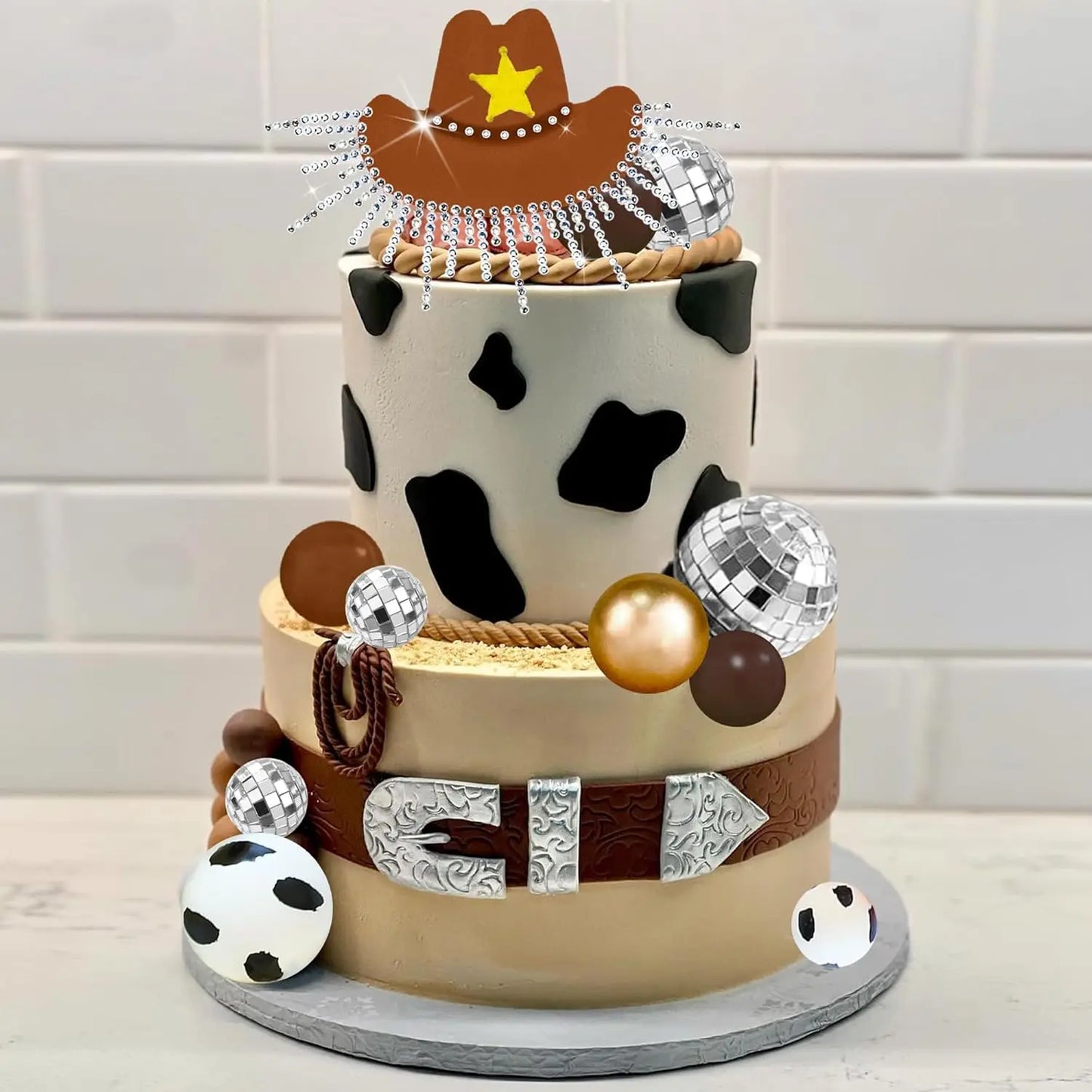 Hot Pink Cowgirl Cake Topper, Glitter Cowgirl Hat, Disco Balls for Western Theme Party, Birthday Party Supplies