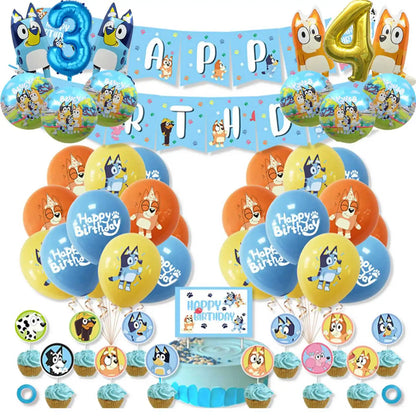 Bluey – vaisselle de fête d'anniversaire de noël, bannière jetable, garniture de gâteau, drapeau suspendu, ballons avec chiffres bleus, décoration d'anniversaire