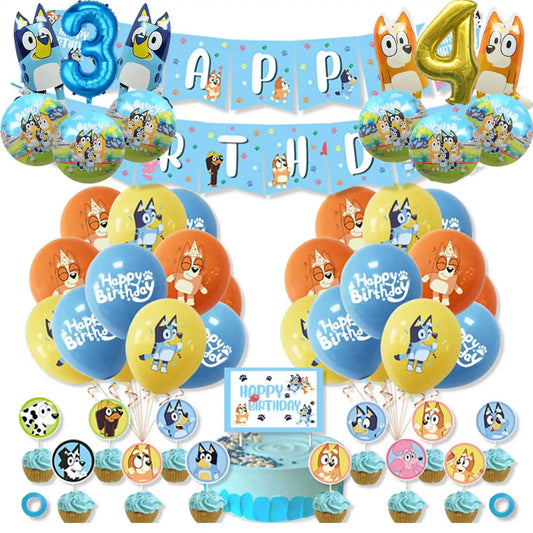 Bluey – vaisselle de fête d'anniversaire de noël, bannière jetable, garniture de gâteau, drapeau suspendu, ballons avec chiffres bleus, décoration d'anniversaire
