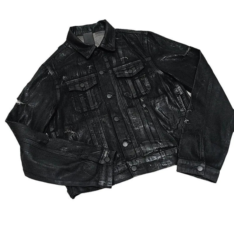 HKSH Spring Autumn New Man Punk Fashion Streetwear Dark Brushed Wax Handmade Damaged Tops Denim Jacket Y2K Chic Ins Coats HK4959