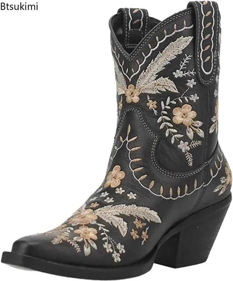 New 2025 Embroidered Western Boots For Women Ankle Bootie Cowboy Cowgirls Flower Print Fashion Chunke Heel Slip On Ankle Boots