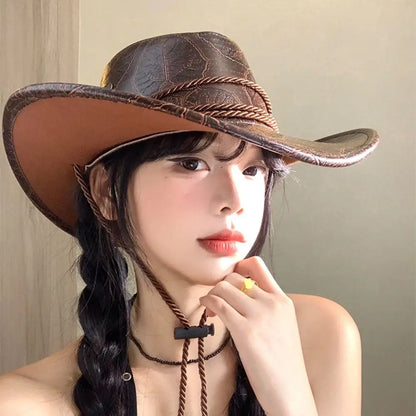 Chapeau de Cowboy occidental de Style ethnique Cool, chapeau de chevalier à large bord en rouleau, en Polyester, couleur unie, chapeau de Jazz de Cowgirl, Protection solaire