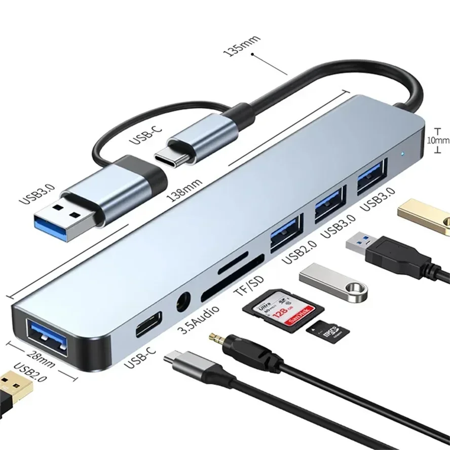 8 in 2 Docking Station USB Type C HUB with 3.5mm Audio Jack Adapter Micro SD Card Reader Laptop Tablet Phone Disk Converter