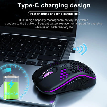 2.4G Wireless Mouse with RGB Backlit 6-button 3-speed DPI Type C Rechargeable Ergonomic Honeycomb Design Gaming Mouse