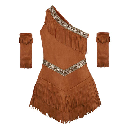 Vintage Western Cowgirl Cosplay Costume, Halloween Theme Party Outfits, Fringed Suede Dress with Fringed Sleeves