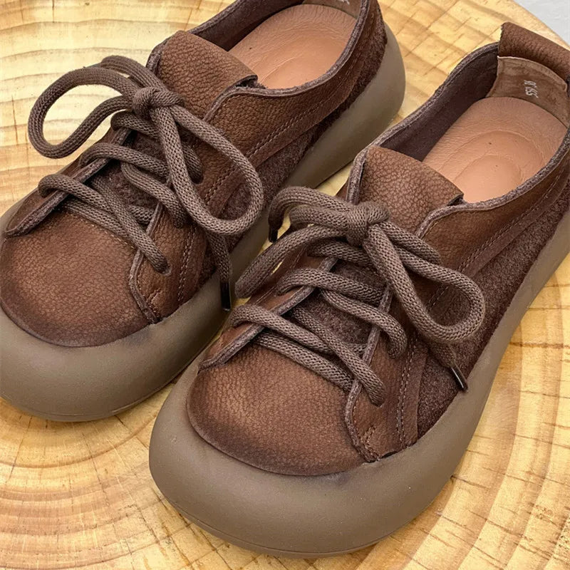 Chaussures en cuir de vache pour femmes, style rétro, pour loisirs en plein air, marche, chaussures plates à lacets, chaussures de travail sur le terrain des agriculteurs