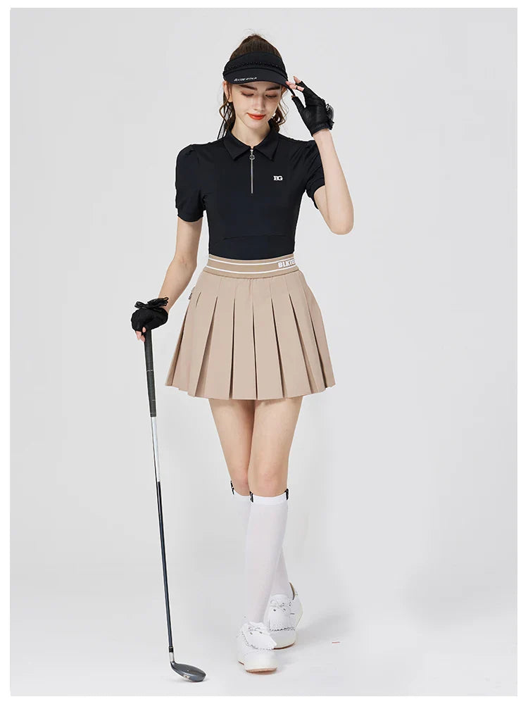Blktee Slim Zipper Collar Golf Shirts Women Puff Short-sleeved Tops Ladies High Waist Golf Skirts Pleated Skorts with Ball Bag