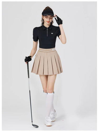 Blktee Slim Zipper Collar Golf Shirts Women Puff Short-sleeved Tops Ladies High Waist Golf Skirts Pleated Skorts with Ball Bag