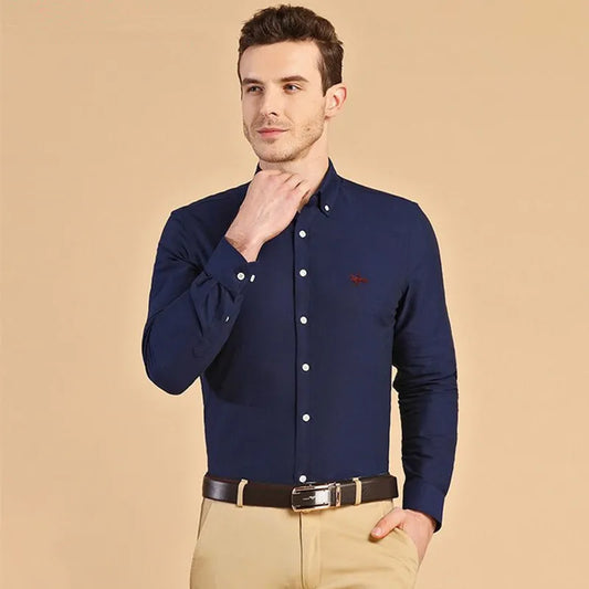 Plus Size 6XL Men's 100% Cotton Oxford Shirt Striped Solid Color Business Embroidered Without Pocket Formal Thick Work Shirt