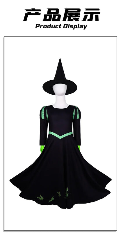 Wicked Musical Elphaba Cosplay Costume with Hat Black Victorian Skirt Dress Stage Performance Halloween Party Theme Clothing # 1