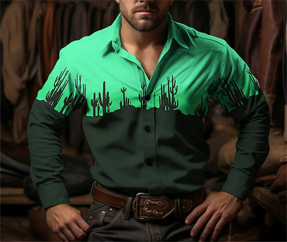 Western Cowboy Flower Printed Long Sleeve Shirt for Spring and Summer Comfortable Soft Fabric Party Men's Collar Shirt