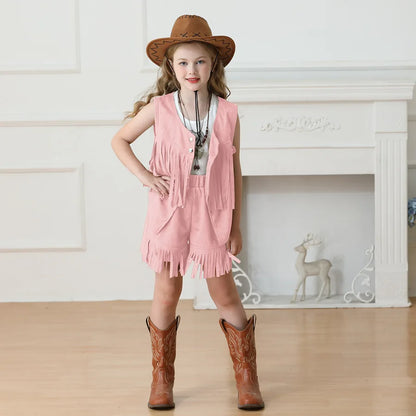 Costume de Cowboy pour filles, gilet à franges, Style bohème rétro, short en Denim occidental en velours pour filles, Costume Hippie