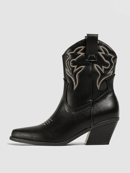 Aneikeh Autumn Winter Vintage Embroidered Large Western Cowboy Boots New Style Coarse Heel Pointed Ankle Barrel Knight Boots